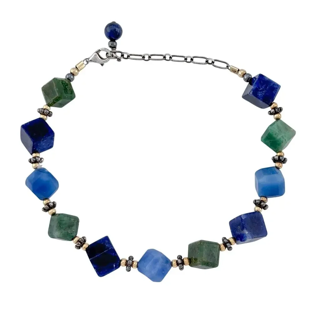 Vintage Sterling Silver 925 Lapis Aventurine Cube Bead Bracelet 7.5